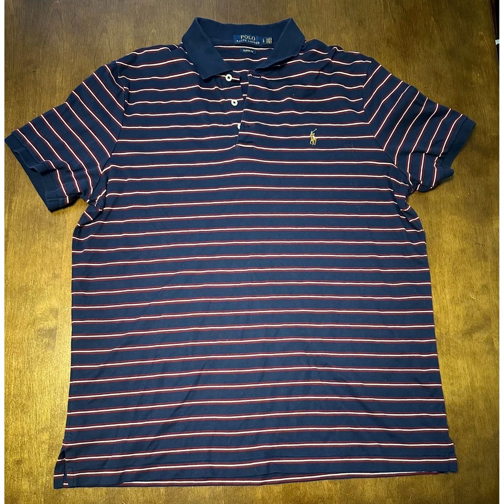 Polo Ralph Lauren Polo Shirt Mens Large Blue Red Striped Classic Fit Performance